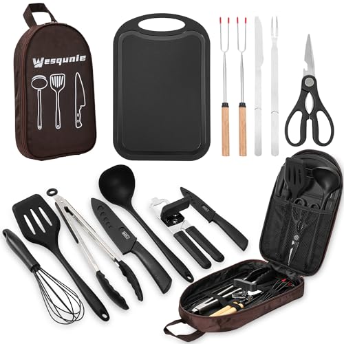 Wesqunie Camping Essentials Cookware Cooking Utensils Set - Camping Kitchen Utensils, Portable Outdoor Accessories, Stainless Steel & Silicone, Camping Gear Equipment for RV Picnic Grill