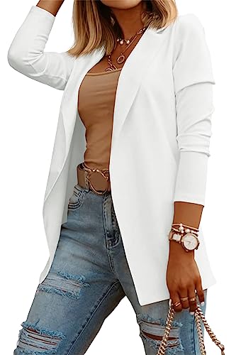 Womens Casual Long Sleeve Blazers Solid Color Knit Blazer Work Office Open Front Blazer Jacket White