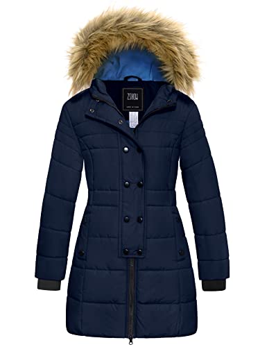 ZSHOW Girls' Winter Jacket Knee-Length Puffer Coat Warm Fur Hooded Snow Coat(Navy Blue,14-16)