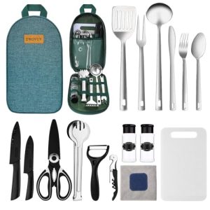 Camping Cooking Utensils Set- Camping Essentials Cookware Camp Accessories Gear Must Haves Camper Tent Camp Kitchen Rv Gadgets Outdoor Stove Portable Picnic Gifts for Women BBQ Stuff (Green)