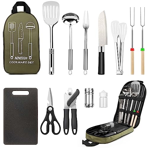 Camping Cookware Set, Camping Kitchen Gear, Camp Utensil Set Stainless Steel Grill Tools, Camping Cooking BBQ Equipment Kit for Travel Tent Picnic Portable Kitchen Essentials Accessories