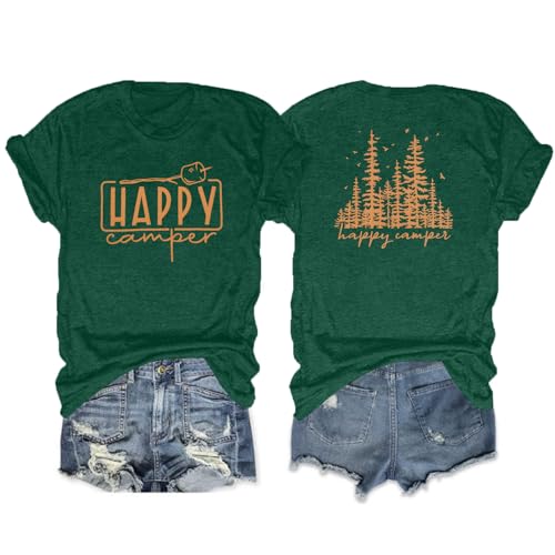 Camping Shirts Hiking Adventure T-Shirt: Happy Camper Gifts Tops Women Vintage Mountain Nature Graphic Short Sleeve Outfit Green