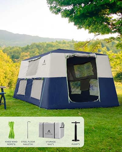 CORANI 14.1'x6.5'x9' Inflatable Tents for Camping, Portable 6/8/10 Person Blow Up Air Tent, Waterproof Windproof Easy Setup Large Family Tent with 2 Doors, 6 Windows, Mosquito Screen