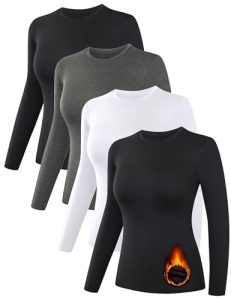 Dalavch 4 Pack Women’s Thermal Shirts, Women Fleece Lined Compression Long Sleeve Base Layer Tops for Winter Cold Weather 2 Black 1 Gray 1 White Medium