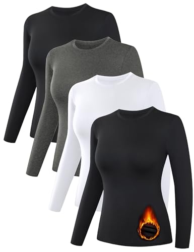 Dalavch 4 Pack Women’s Thermal Shirts, Women Fleece Lined Compression Long Sleeve Base Layer Tops for Winter Cold Weather 2 Black 1 Gray 1 White Medium