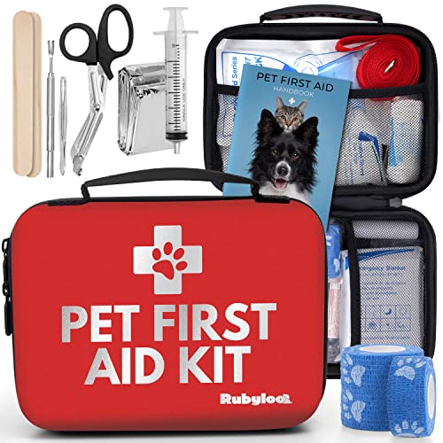 Dog First Aid Kit | Vet Approved Pet First Aid Supplies to Treat Dogs & Cats in an Emergency | Pet First Aid Kit Book, Tick Remover, Slip Leash & Medical Essentials for Home, Camping, Car, RV, Travel