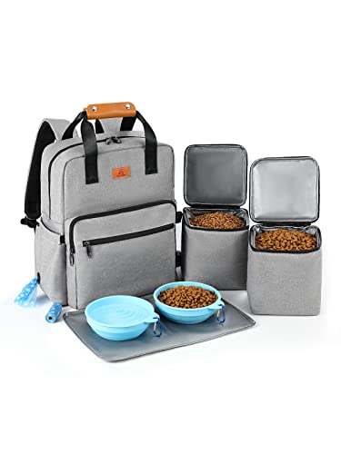 Dog Travel Bag, Airline Approved Organizer Backpack with Multi-Function Pockets, 25L Accessories Set with 2 Food Storage Containers, 2 Foldable Bowls for Weekend