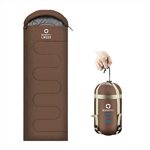 ECOOPRO Warm Weather Sleeping Bag - Portable, Waterproof, Compact Lightweight, Comfort with Compression Sack - Great for Outdoor Camping, Backpacking & Hiking-83 L x 30" W Fits Adults (K-Brown)