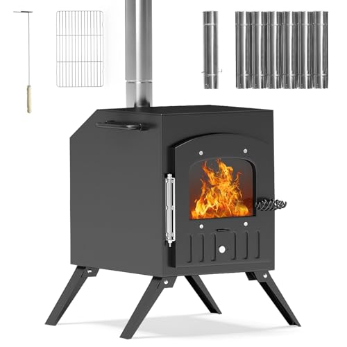 HOPUBUY Portable Wood Burning Stove, Outdoor Tent Stove with 7 Section Chimney Pipes, Larger Heating Range Camping Stove for Tent, Ice-fishing, Cookout, Hiking, Travel