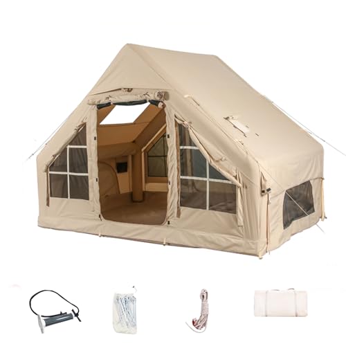 Inflatable Camping Tents with Hand Pump, Air Glamping Tents, Easy Setup Waterproof and Windproof Blow up Tent, 4 Seasons Oxford Cabin Tent with Mesh & Chimney Window. (10 * 6.9ft)