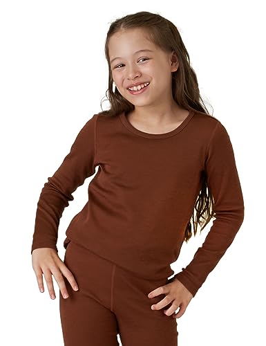 LAPASA Kids Merino Wool Base Layer Top Girls Boys Long Sleeve T-Shirt for Unisex K13 9 Years - 10 Years 1.brown(shirt)