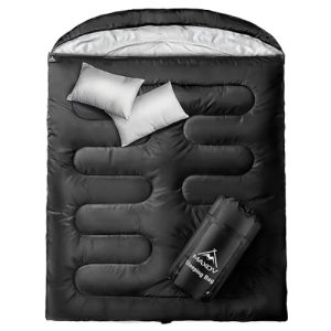 MAXOV Double Sleeping Bags for 2 Adults, 2-3 Person Sleeping Bag for Cold Warm Weather Camping Two Person Sleeping Bags for Adults with Pillow for All Season Black