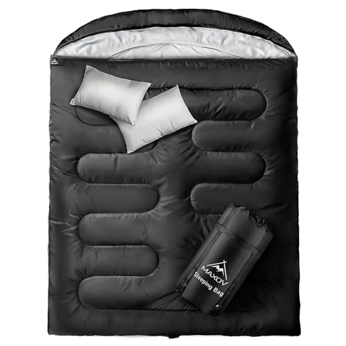 MAXOV Double Sleeping Bags for 2 Adults, 2-3 Person Sleeping Bag for Cold Warm Weather Camping Two Person Sleeping Bags for Adults with Pillow for All Season Black