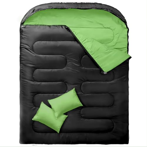 MEREZA Double Sleeping Bag, 2 Person Sleeping Bag for Adult Mens Camping, Two Person Sleeping Bag with Pillow Outdoor Indoor, XL Queen Size Sleeping Bag for Cold Warm Weather Light Green