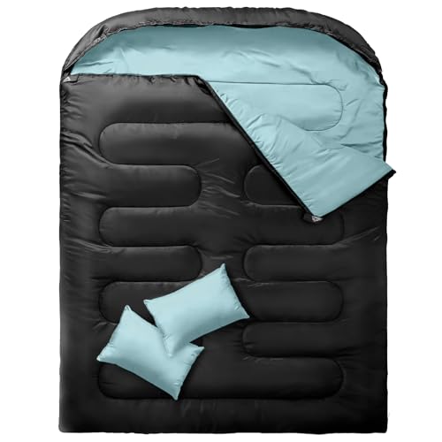 MEREZA Double Sleeping Bag, 2 Person Sleeping Bag for Adult Mens Camping, Two Person Sleeping Bag with Pillow Outdoor Indoor, XL Queen Size Sleeping Bag for Cold Warm Weather Black&Light Blue