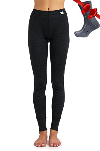 Merino Wool Base Layer Women Pants 100% Merino Wool Leggings Lightweight Thermal Underwear Bottoms + Wool Socks (Medium, 165 Heathered Black)