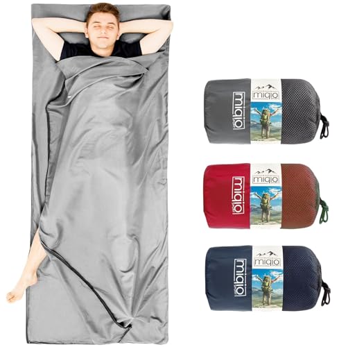 MIQIO® 2-in-1 Cotton Sleeping Bag with Full Zip (Couplable): Lightweight Comfort Travel Sleeping Bag and XL Travel Blanket in One - Summer Sleeping Bag Inner Sleeping Bag (Grey, Right)