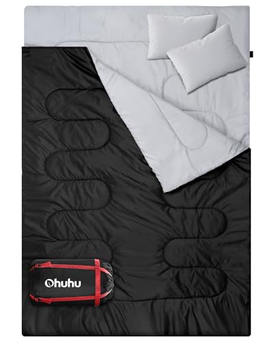 Ohuhu Double Sleeping Bag with 2 Pillows, Waterproof Lightweight 2 Person Adults Sleeping Bag for Camping, Backpacking, Hiking, with Carrying Bag (Black)