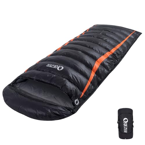 QEZER Down Sleeping Bag for Adults 600 Fill Power Down Sleeping Bag Cold Weather Ultralight Sleeping Bag with Compression Sack for Backpacking, Camping, Hiking (YD500g Down Filling-Orange-Left Zip)