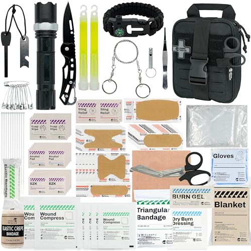 RHINO RESCUE Small First Aid Kit with Survival Tools, HSA/FSA Eligible, Emergency Care Bag for Car Camping Backpacking Hiking Hunting Black