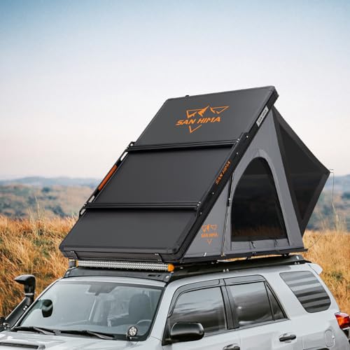Sanhima Rooftop Tent Hard Shell - Hotham Lite Overland Aluminium Roof Top Tent 4.56" Slimline, w/Tri-Color LED Strip Light & Cross Bars, for Car SUV Truck Camping, 2-3 People Tent