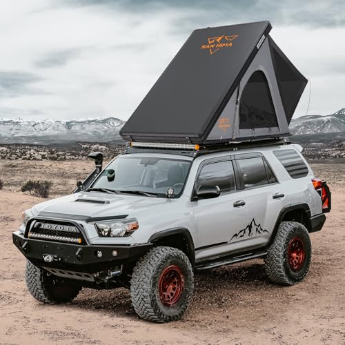 Sanhima Rooftop Tent Hard Shell - Hotham Lite Overland Aluminium Roof Top Tent 4.56" Slimline, w/Tri-Color LED Strip Light & 1.97” Thick Mattress, for Car SUV Truck Camping, 2-3 People Tent