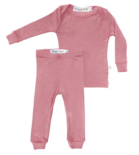 Simply Merino Pure Wool Kids Thermal Underwear Pajama Set, Natural & Organic Warm Base Layer Long Johns, Toddler & Infant Unisex Sleepers, Pink, 2T