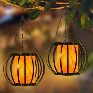 Solar Lanterns Outdoor Flickering Flame, Solar Lights Outdoor Hanging Waterproof, LED Metal Flame Lantern for Outside, Solar Tree Lanterns for Garden, Patio, Yard, Pathway Decor, 2 PK