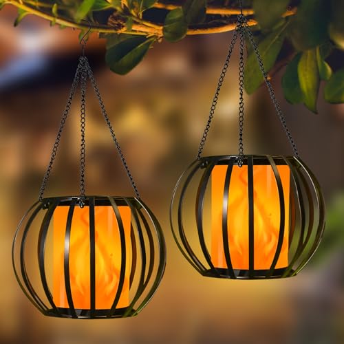 Solar Lanterns Outdoor Flickering Flame, Solar Lights Outdoor Hanging Waterproof, LED Metal Flame Lantern for Outside, Solar Tree Lanterns for Garden, Patio, Yard, Pathway Decor, 2 PK