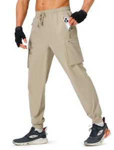 S Spowind Men's Hiking Pants Cargo Lightweight Quick Dry Elastic Waist Golf Joggers with Zipper Pockets Water Resistant Khaki