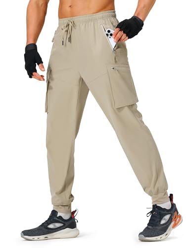 S Spowind Men's Hiking Pants Cargo Lightweight Quick Dry Elastic Waist Golf Joggers with Zipper Pockets Water Resistant Khaki