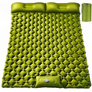 TEKIK Double Sleeping Pad, Ultralight 4" Extra-Thick Self Inflating Sleeping Mat for 2 Person with Pillow Built-in Foot Pump Portable Camping Mat for Backpacking, Hiking (Army Yellow)