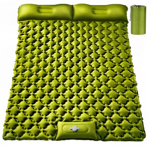 TEKIK Double Sleeping Pad, Ultralight 4" Extra-Thick Self Inflating Sleeping Mat for 2 Person with Pillow Built-in Foot Pump Portable Camping Mat for Backpacking, Hiking (Army Yellow)