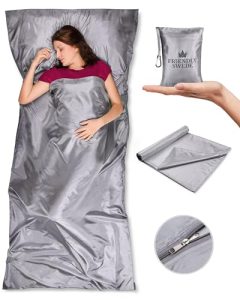 The Friendly Swede XL Sleeping Bag Liner Ultralight - Thin Travel Sheets for Hotel with Full Length Zipper; Camping Sheets & Adult Sleep Sack for Backpacking; Travel Sleeping Bag - Grey (Zipper)