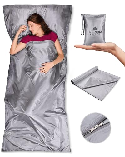 The Friendly Swede XL Sleeping Bag Liner Ultralight - Thin Travel Sheets for Hotel with Full Length Zipper; Camping Sheets & Adult Sleep Sack for Backpacking; Travel Sleeping Bag - Grey (Zipper)