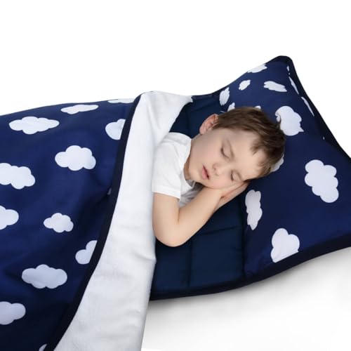 Toddler Nap Mat with Removable Pillow and Blanket, Nap Mats for Daycare Preschool Kindergarten, Lightweight Portable Travel Sleeping Bag for Kids Cot Nap Mat, Super Soft & Cozy, Navy Cloud, 50" x 21"