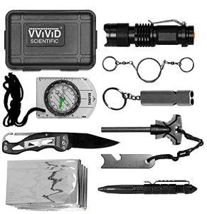 VViViD Survival Kit, 10 Pcs Essential Outdoor Gear, Thermal blanket, Ferro Rod, flint striker, Compass, Emergency Whistle, Saw, Tactical Pen, Flashlight, Pocket Knife, Waterproof Case