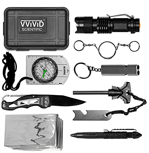 VViViD Survival Kit, 10 Pcs Essential Outdoor Gear, Thermal blanket, Ferro Rod, flint striker, Compass, Emergency Whistle, Saw, Tactical Pen, Flashlight, Pocket Knife, Waterproof Case