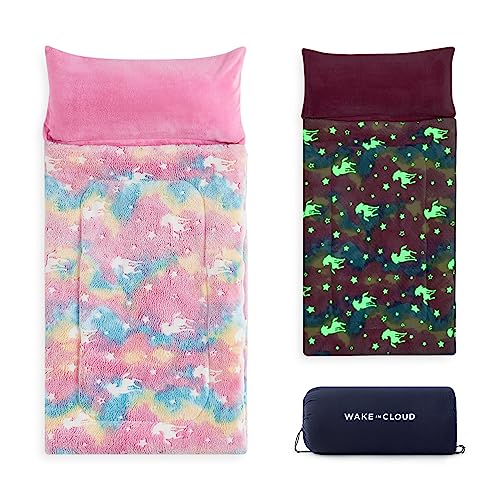 Wake In Cloud - Glow in The Dark Sleeping Bag with Pillow, Fleece Nap Mat for Toddler Kids Boys Girls, Winter Cold Weather Daycare Kindergarten Sleepover Travel Camping, Colorful Rainbow Unicorns