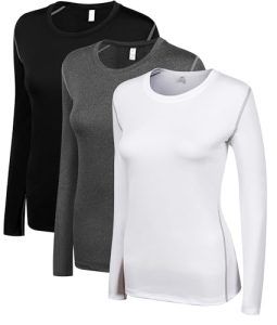 WANAYOU Women's 3 Pack Compression Shirt Dry Fit Long Sleeve Running Athletic T-Shirt Performance Base Layer Workout Tops for Running Yoga Winter Undershirts (3 Pack(Black+White+Grey), Large)