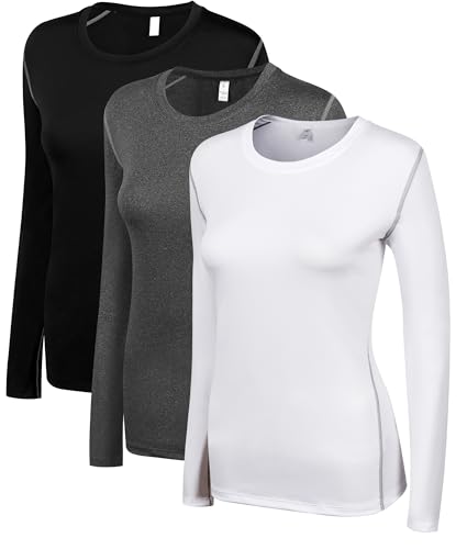 WANAYOU Women's 3 Pack Compression Shirt Dry Fit Long Sleeve Running Athletic T-Shirt Performance Base Layer Workout Tops for Running Yoga Winter Undershirts (3 Pack(Black+White+Grey), Large)