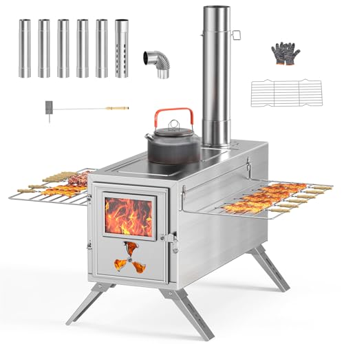 Wood Stove, Portable Camping Wood Stove, Stainless Steel Hot Tent Stove with 7 Chimney Pipes for Outdoor, Camping, Cooking, Heating, BBQ, Hiking, Fishing, Hunting
