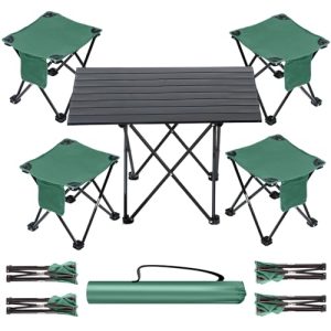 6 Pcs Folding Camping Table and Chair Set of 5, Portable Camping Table with Small Foldable Lawn Chair and Cup Holder Carrying Bag for Outdoor Camping Hiking Fishing Picnic Beach BBQ(Green and Black)
