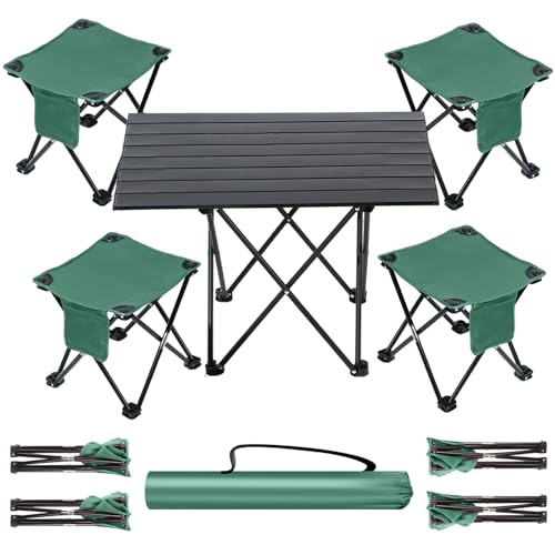 6 Pcs Folding Camping Table and Chair Set of 5, Portable Camping Table with Small Foldable Lawn Chair and Cup Holder Carrying Bag for Outdoor Camping Hiking Fishing Picnic Beach BBQ(Green and Black)