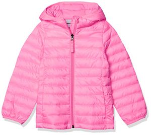 Amazon Essentials Girls' Lightweight Water-Resistant Packable Hooded Puffer Jacket, Neon Pink, Medium