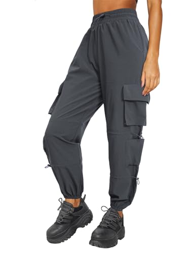 DLOODA Quick Dry Cargo Pants Lightweight Tactical Hiking Pants with 6 Pockets for Women, Elastic Waist and Water-Resistant Dark Grey