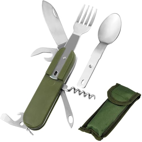 EZYoutdoor 7-in-1 Camping Utensils - Portable Stainless Steel Camping Fork Spoon Knife Set for Camping, Hiking, Picnics Outdoor Enthusiasts, and Travel - Essential Survival Utensil Tool Kit