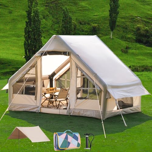Inflatable Camping Tent with Tarp, Cabin Tent, 4-6 Person Glamping Tents Sun Shelter, Easy Setup Waterproof Outdoor Oxford Tents, Self-Supporting Structure Inflatable House Tent with Picnic Blanket