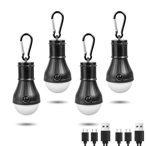 Jarxin Led Camping Lantern USB Rechargeable,Outdoor Tent Lights for Camping Hanging,Kids with Clip Hook Camping Flashlight (4 Packs Black)
