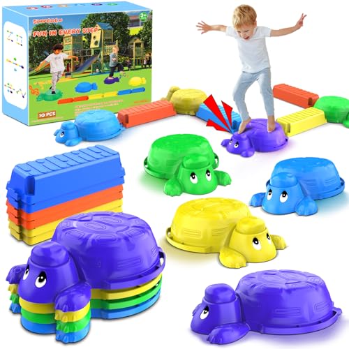 Kids Stepping Stone Balance Beam: 10 Pcs Turtle Non-Slip River Stones Game for Toddlers - Outdoor Indoor Sensory Toys Kids Coordination Equipment for Boys Girls